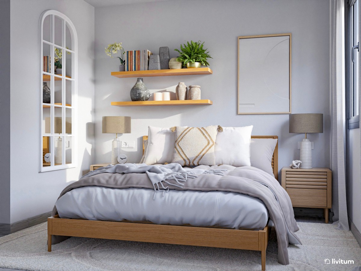 Pequeño y acogedor dormitorio en tonos grises con el espacio muy bien optimizado