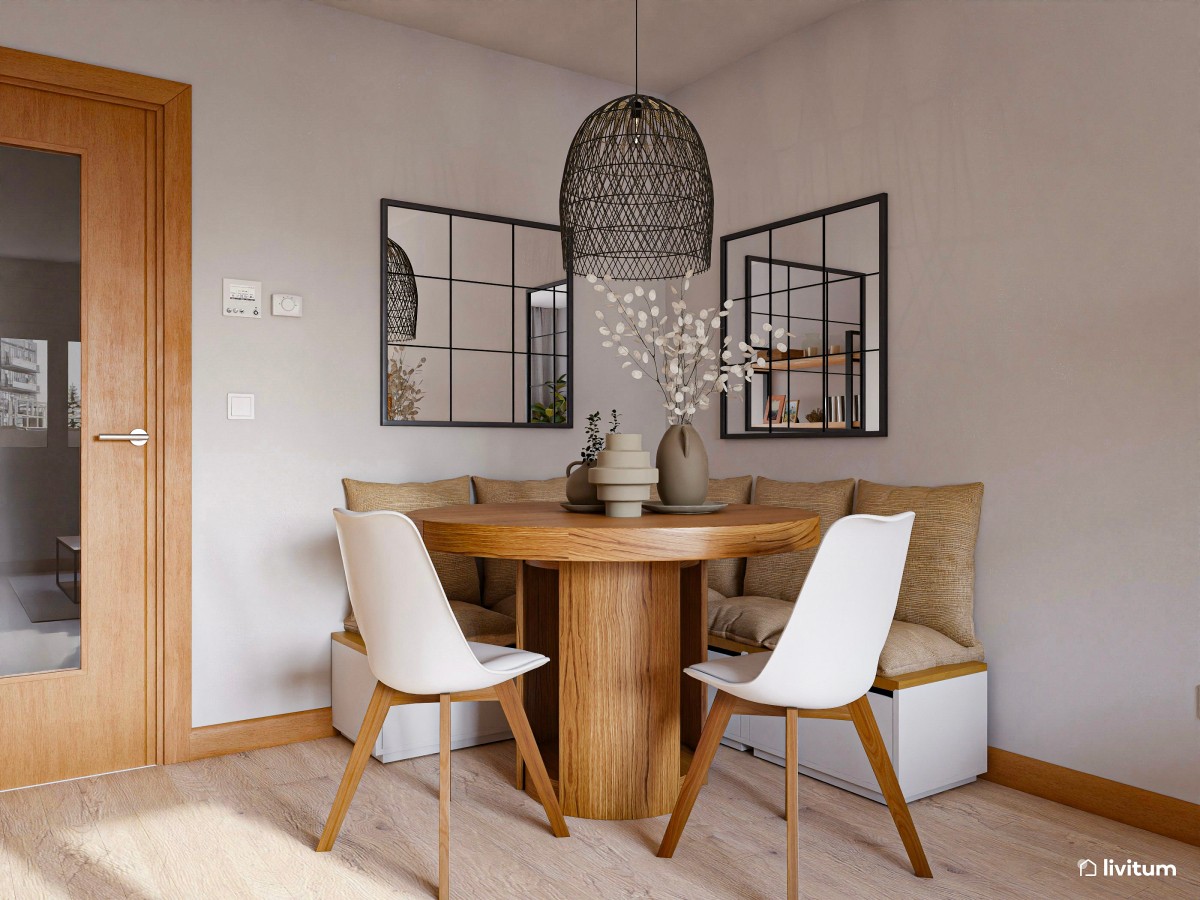 Pequeño y cómodo salón comedor moderno en tonos neutros