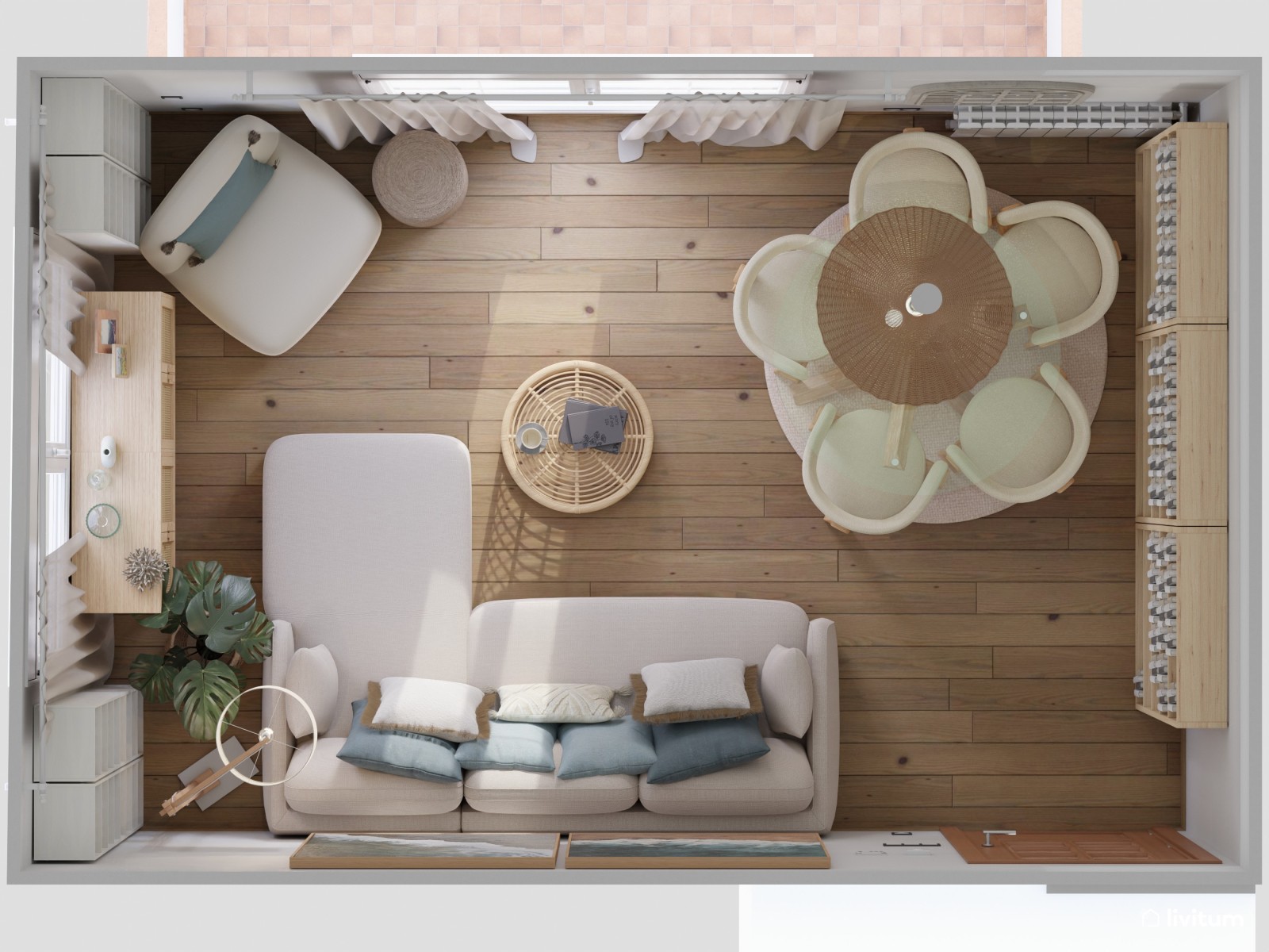 Pequeño y elegante salón comedor con muebles de diseño contemporáneo 
