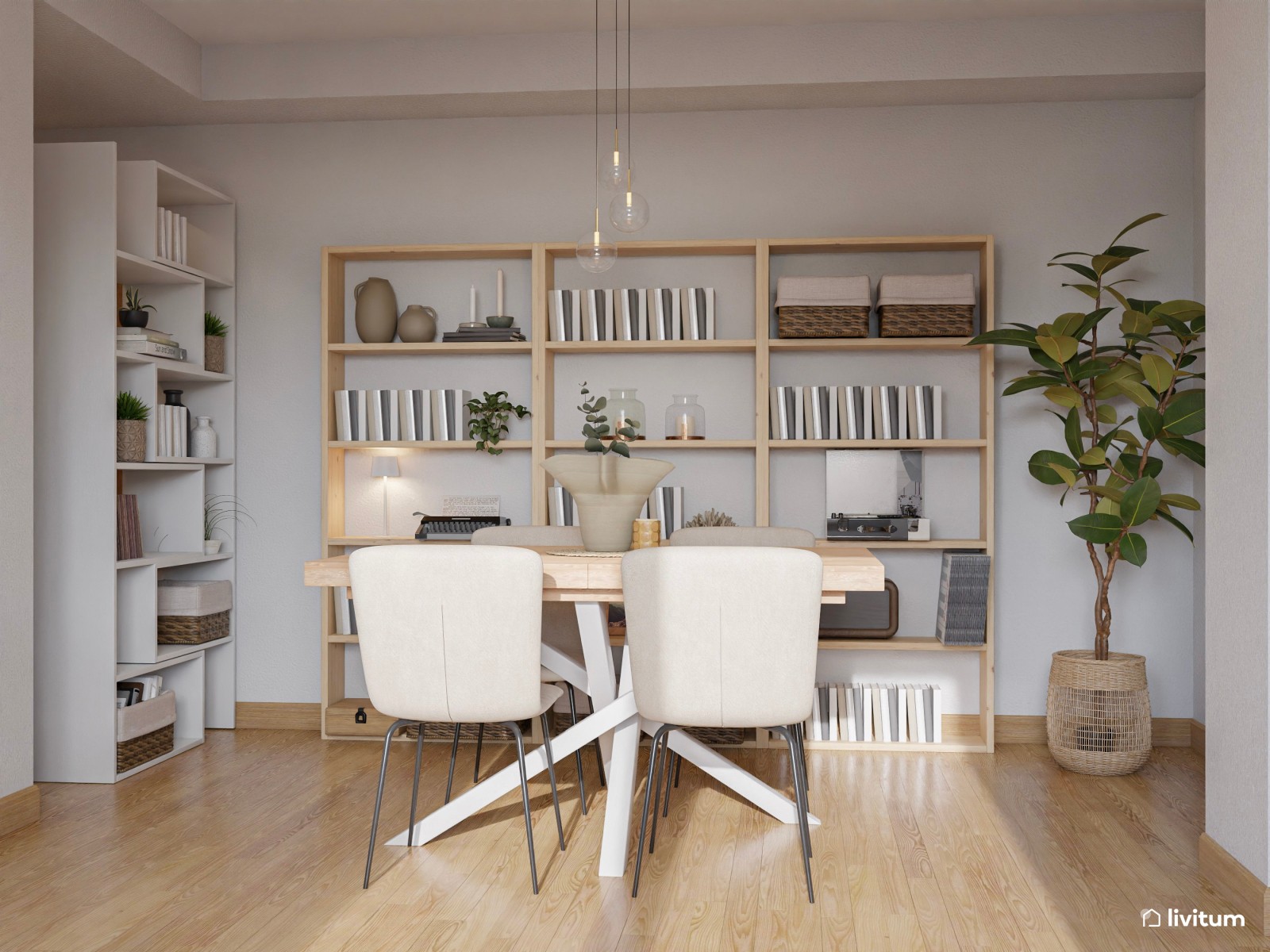 Pequeño y fresco salón comedor decorado en madera y textiles suaves