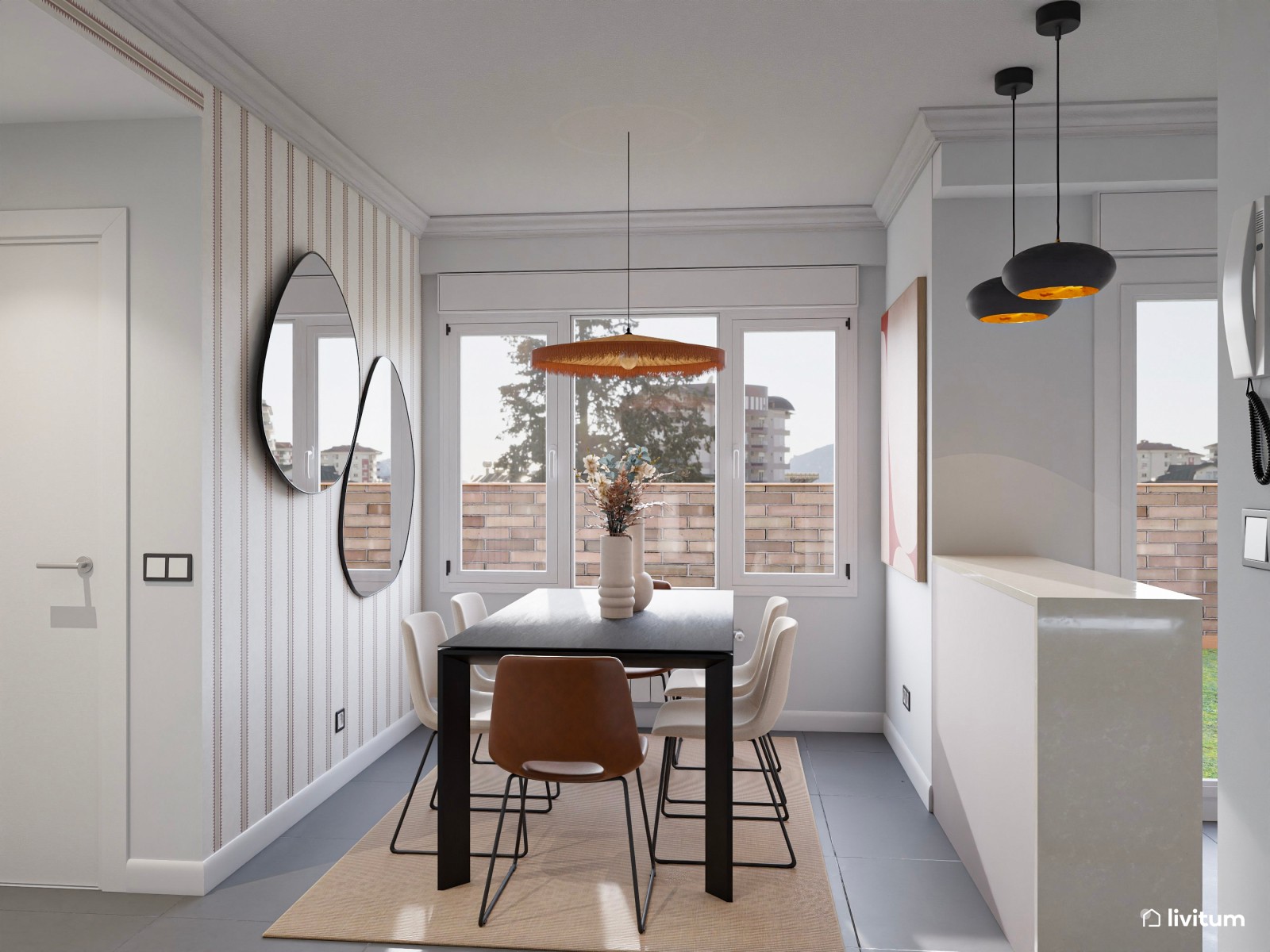 Pequeño y moderno comedor con cocina abierta con detalles únicos
