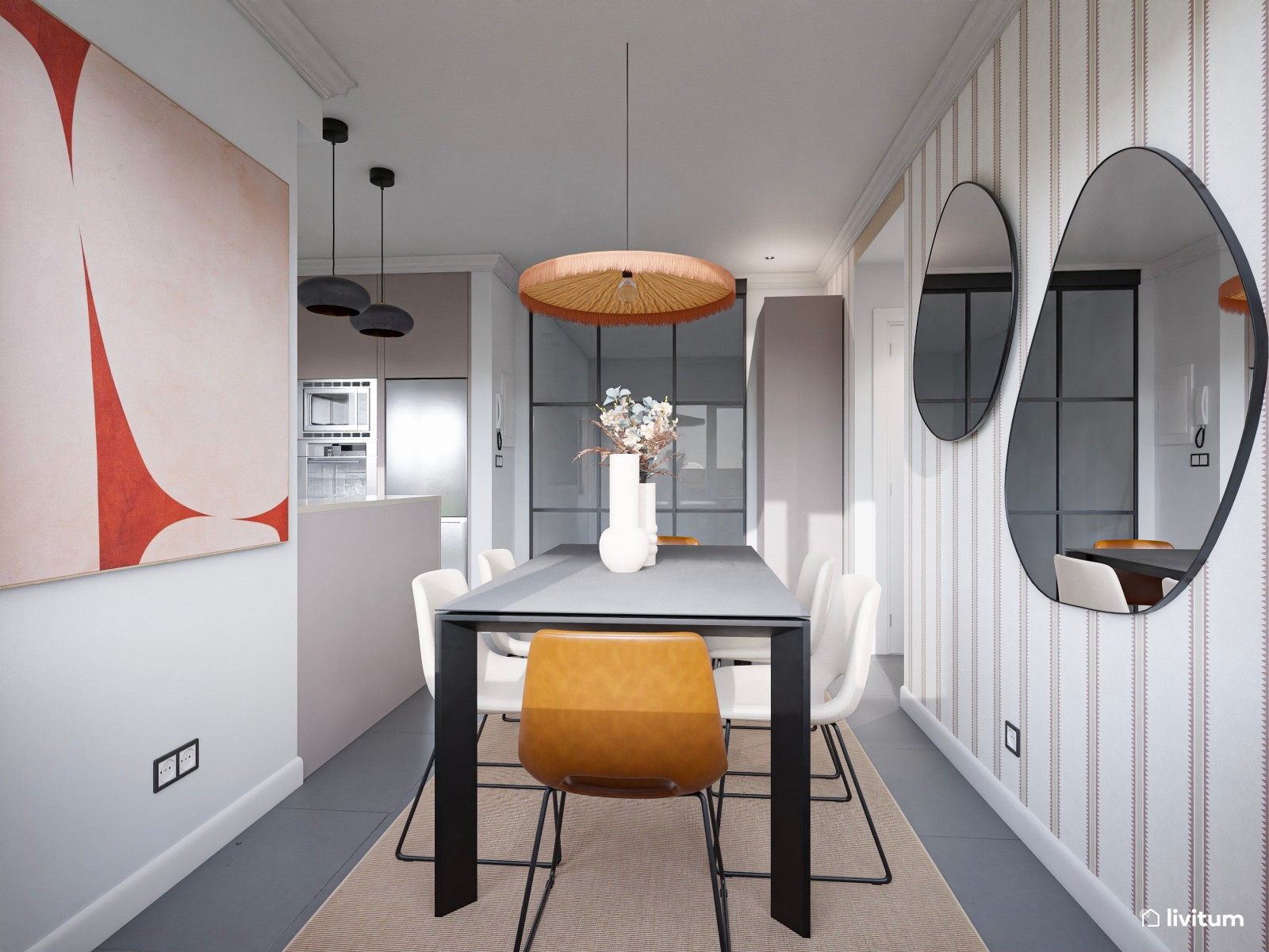 Pequeño y moderno comedor con cocina abierta con detalles únicos