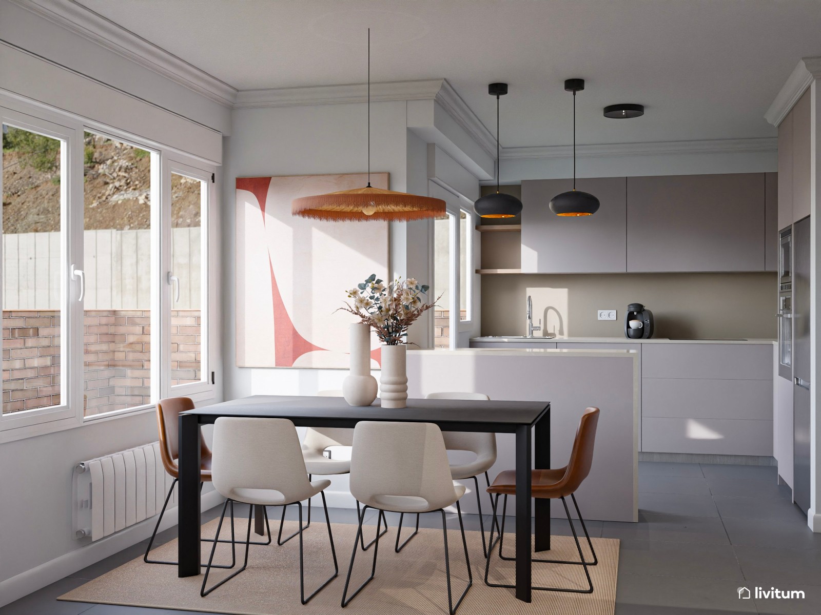 Pequeño y moderno comedor con cocina abierta con detalles únicos