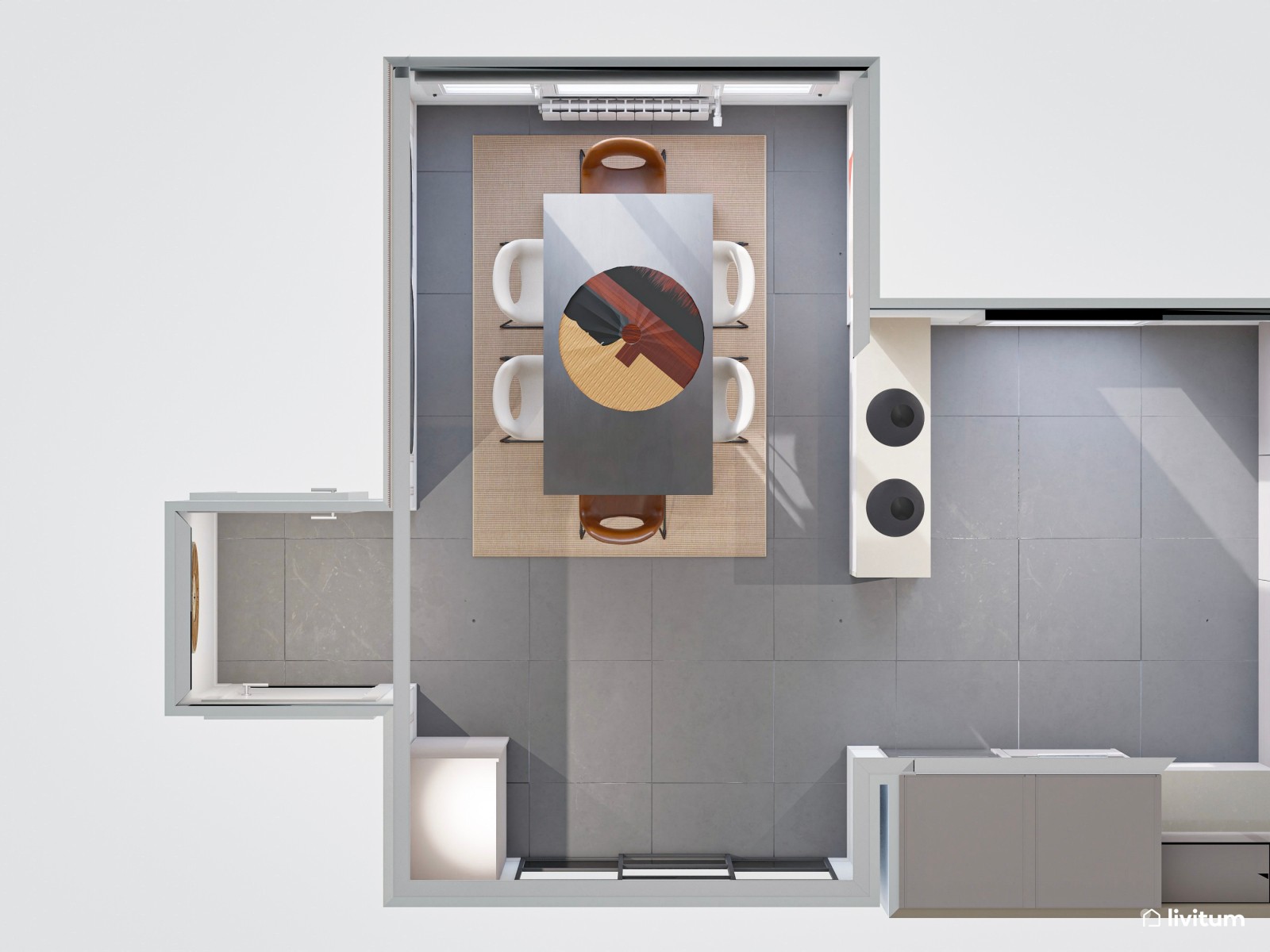 Pequeño y moderno comedor con cocina abierta con detalles únicos