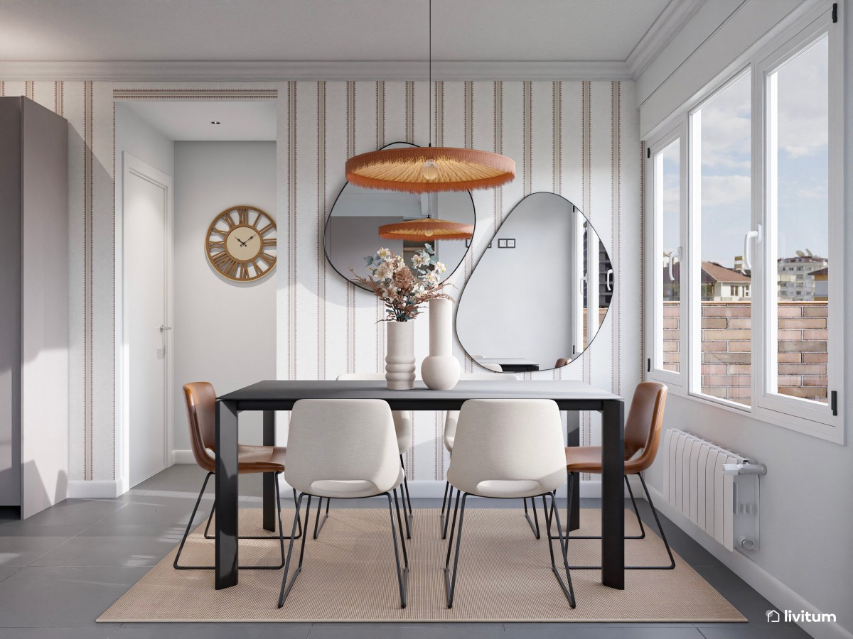 Pequeño y moderno comedor con cocina abierta con detalles únicos