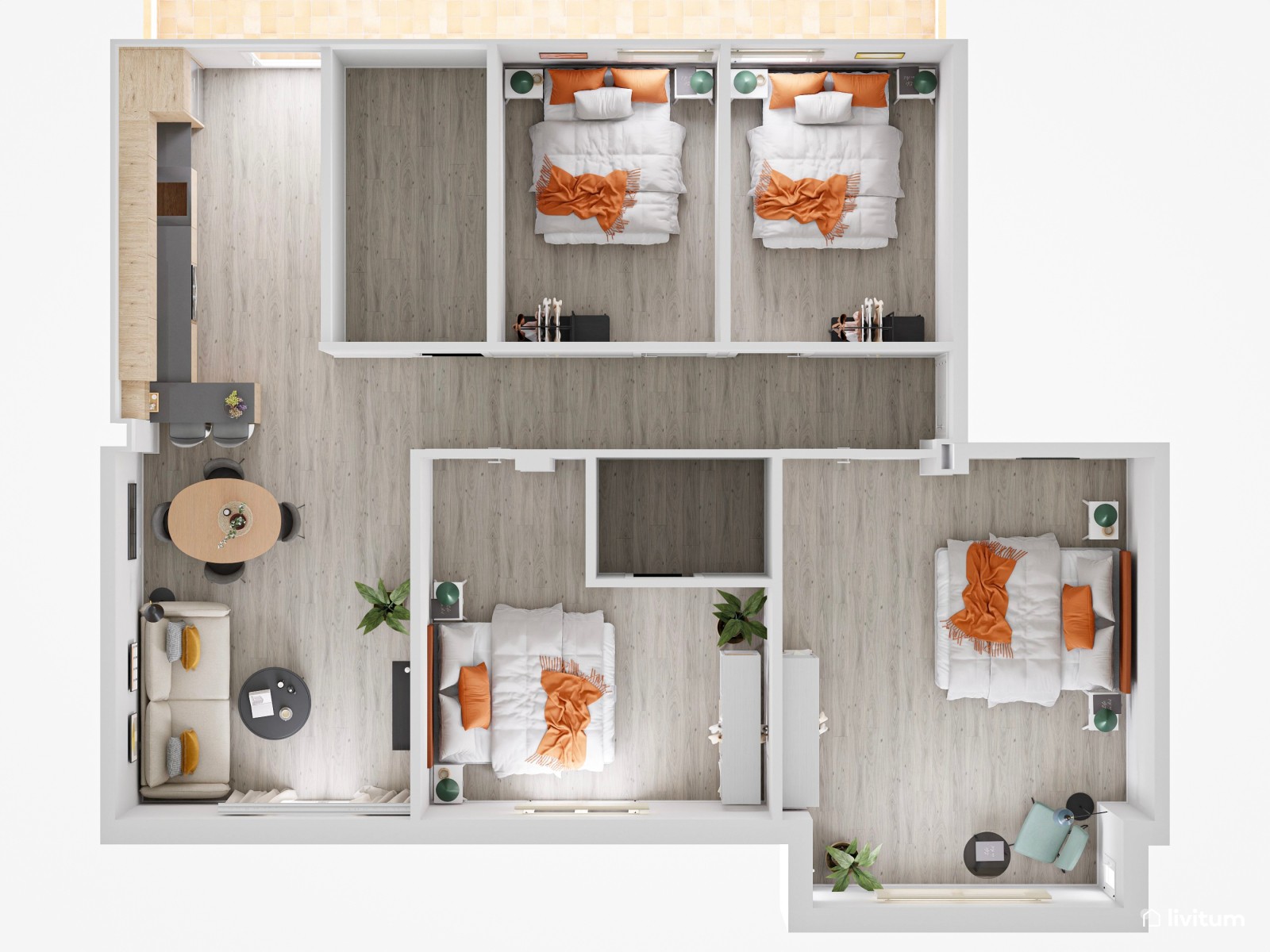  Piso turístico decorado en tonos neutros con acentos en naranja