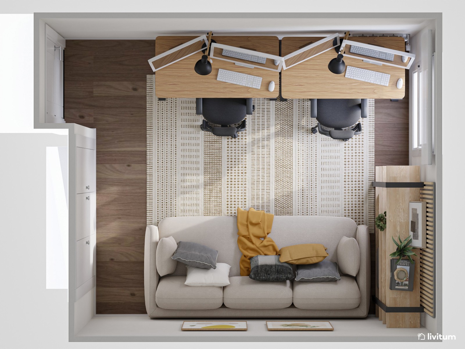 Práctico y moderno estudio doble con sofá cama