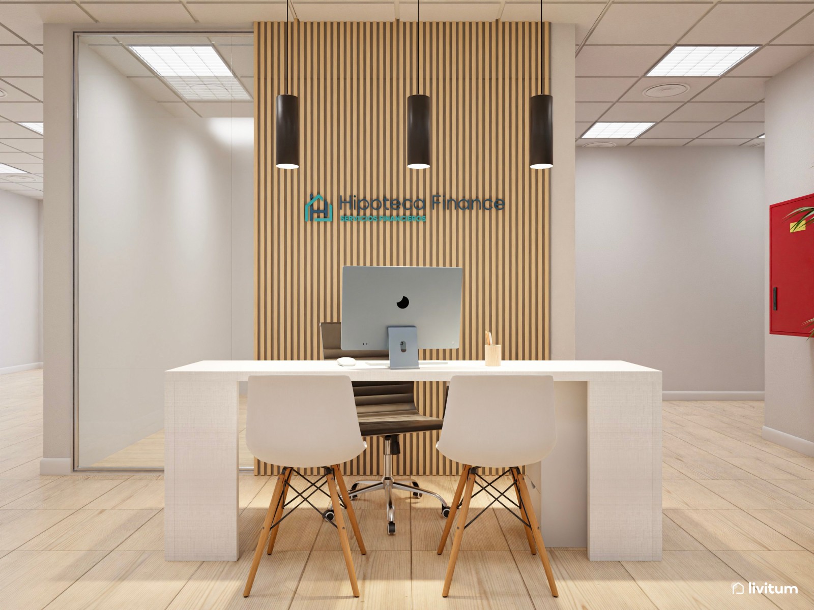 Recepción de oficina con cálidos listones de madera