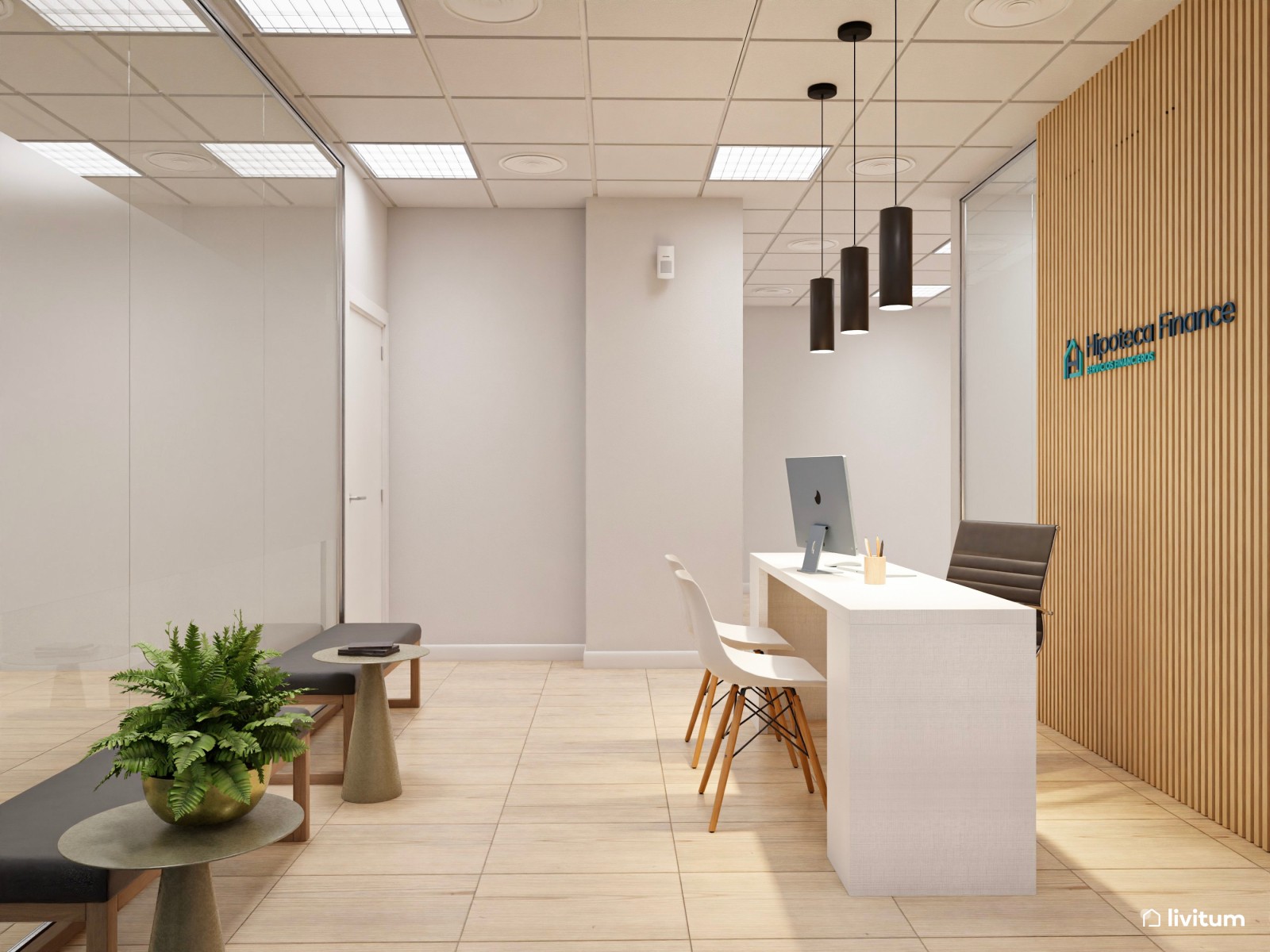 Recepción de oficina con cálidos listones de madera