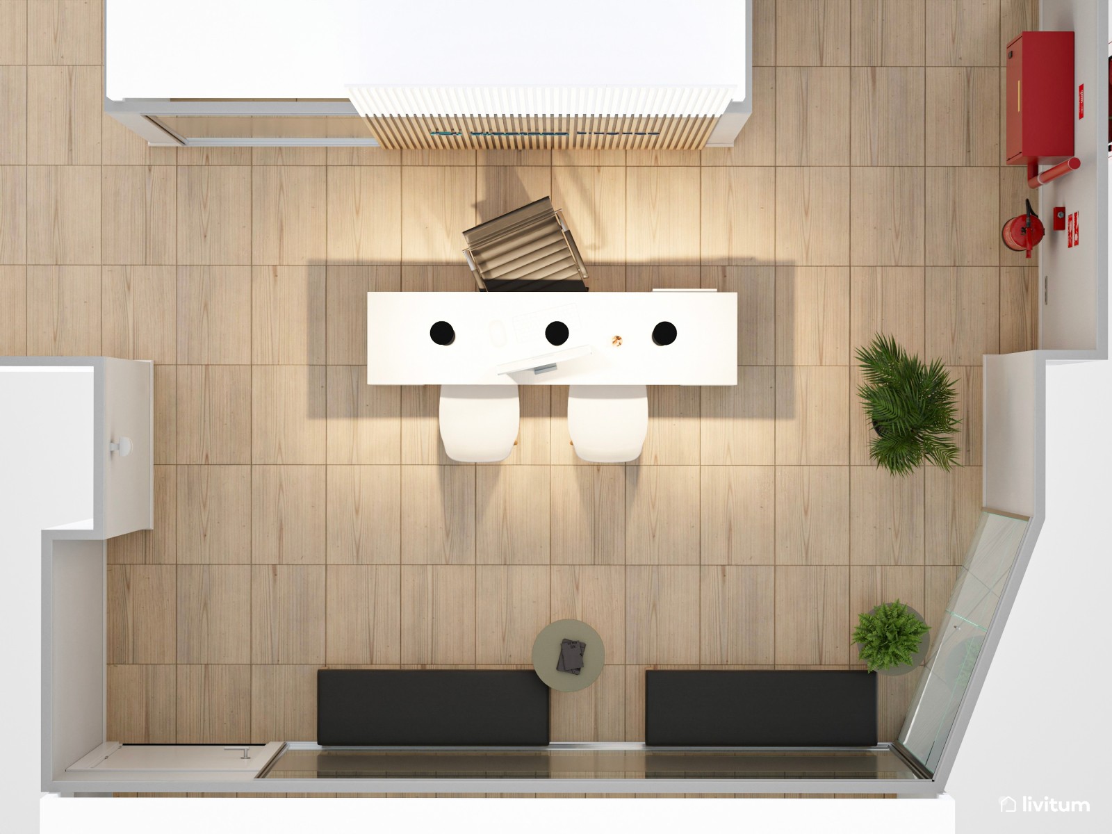 Recepción de oficina con cálidos listones de madera