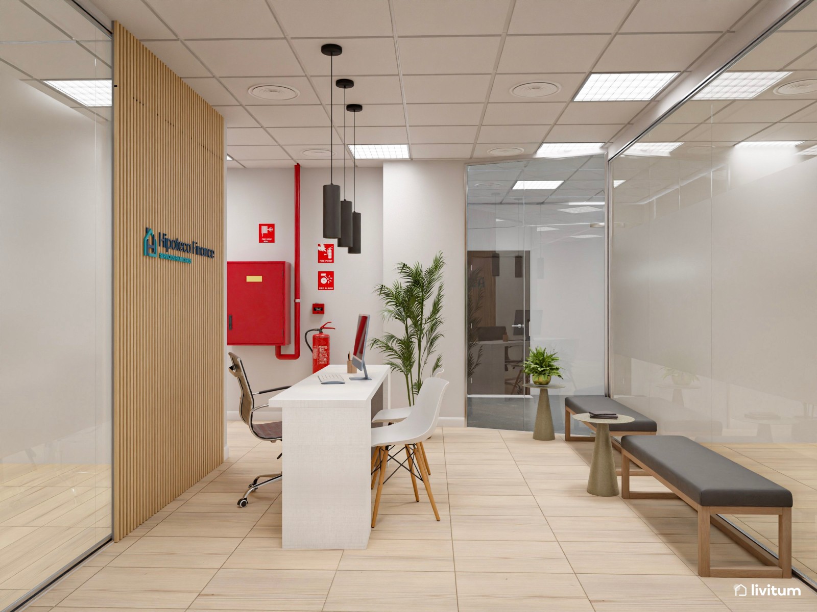 Recepción de oficina con cálidos listones de madera