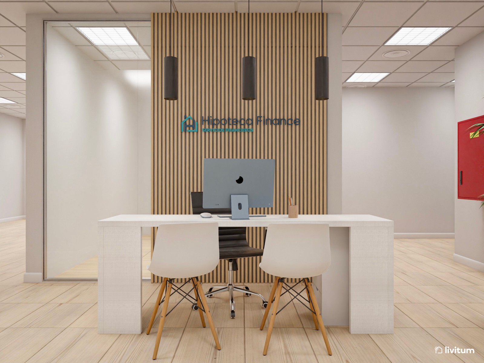 Recepción de oficina con cálidos listones de madera