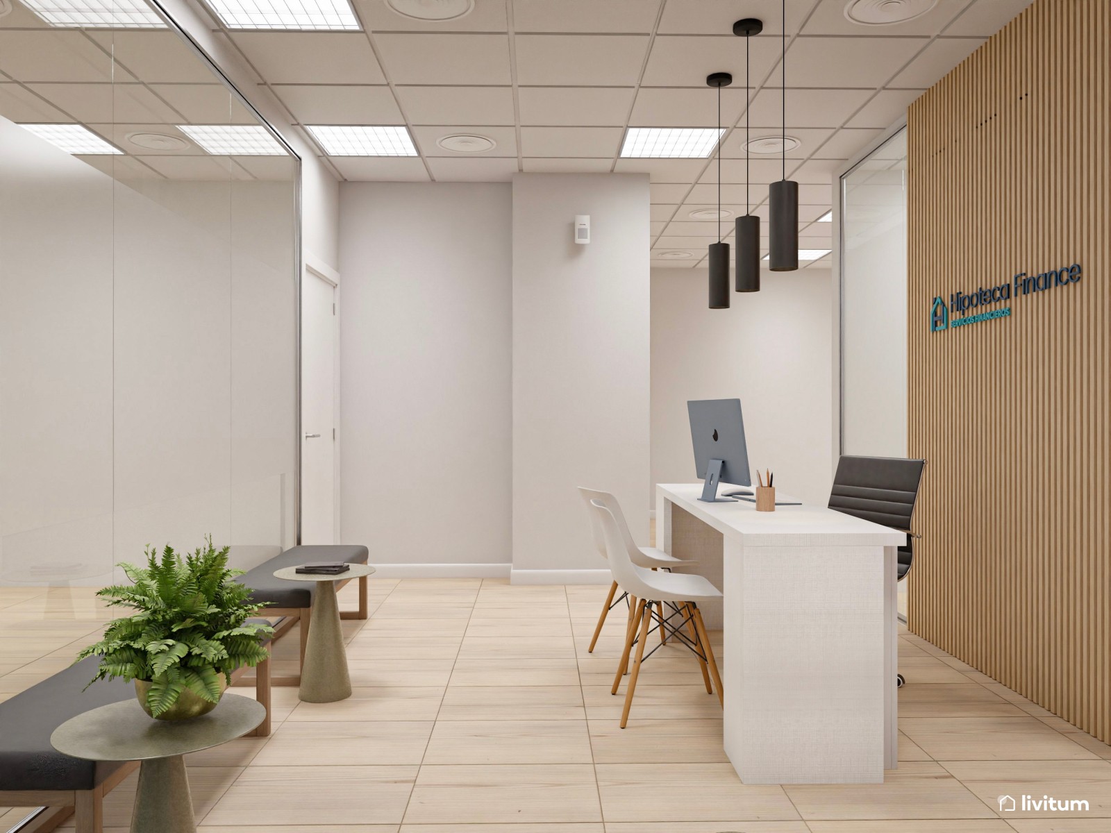 Recepción de oficina con cálidos listones de madera