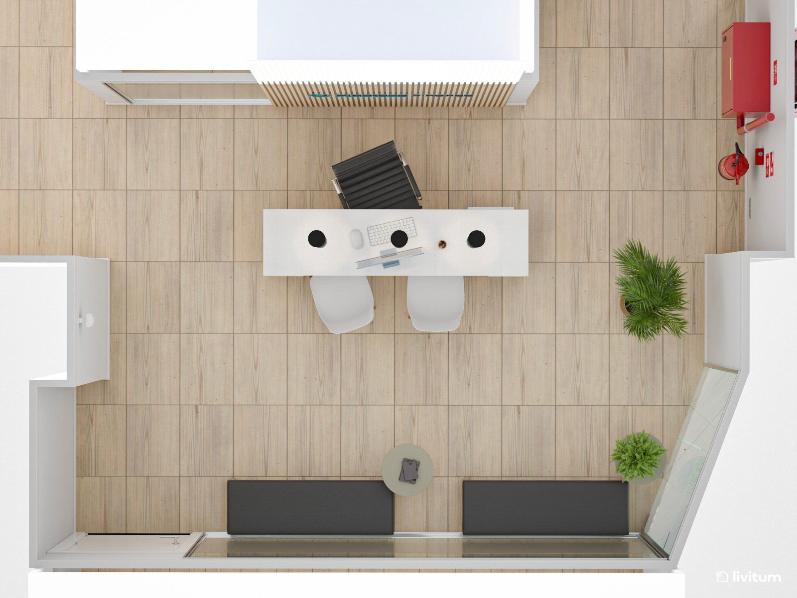 Recepción de oficina con cálidos listones de madera