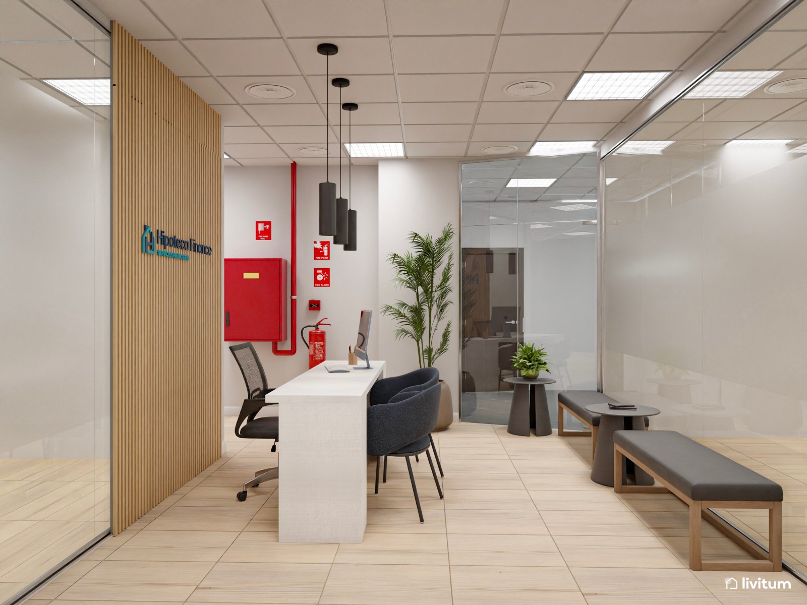 Recepción de oficina con cálidos listones de madera