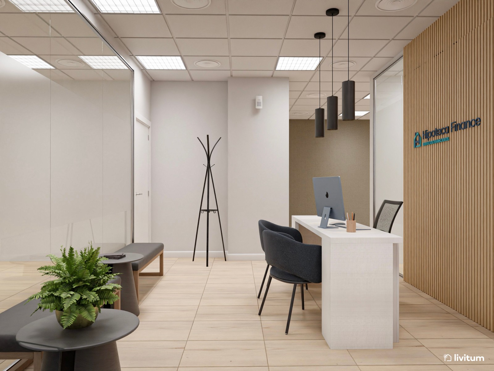 Recepción de oficina con cálidos listones de madera