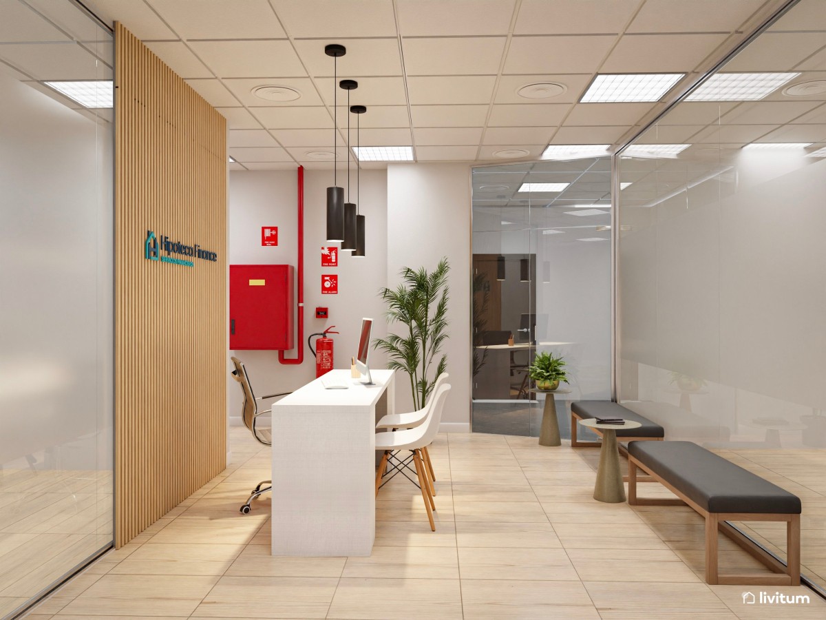 Recepción de oficina con cálidos listones de madera