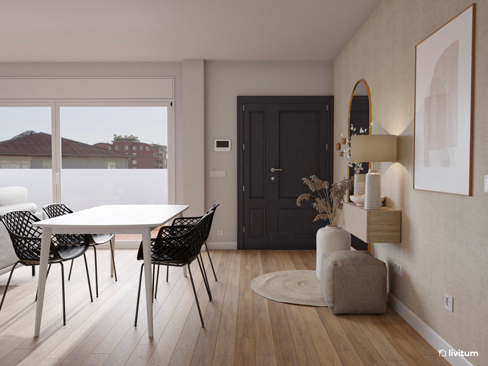 Recibidor abierto al comedor con aires minimalistas y fibras naturales