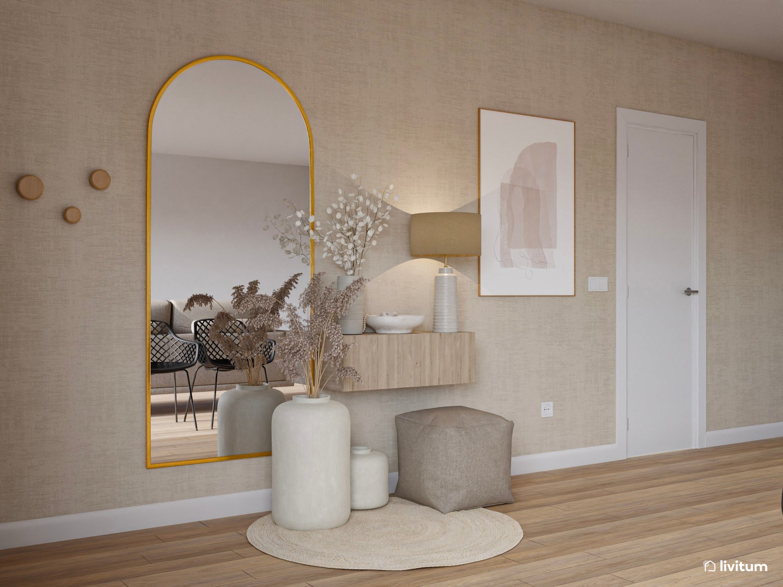 Recibidor abierto al comedor con aires minimalistas y fibras naturales