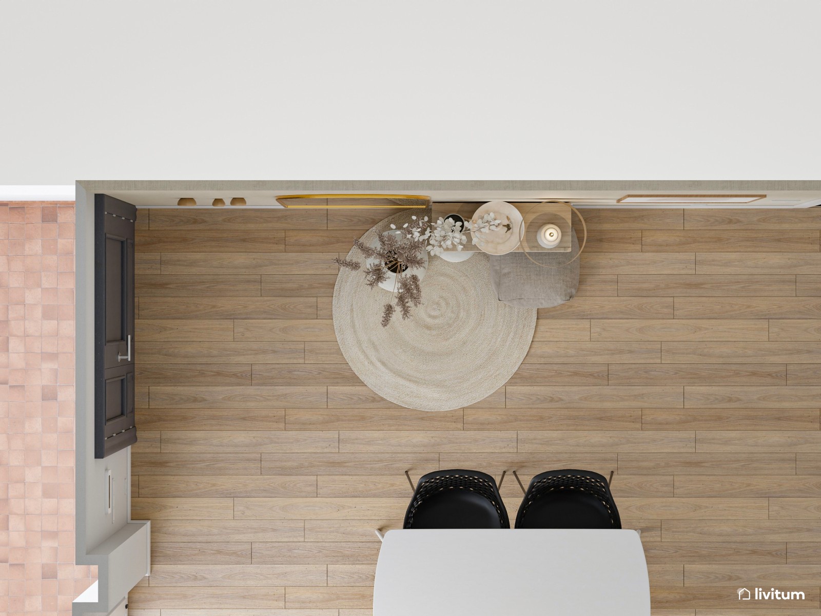 Recibidor abierto al comedor con aires minimalistas y fibras naturales