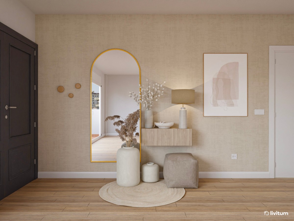 Recibidor abierto al comedor con aires minimalistas y fibras naturales