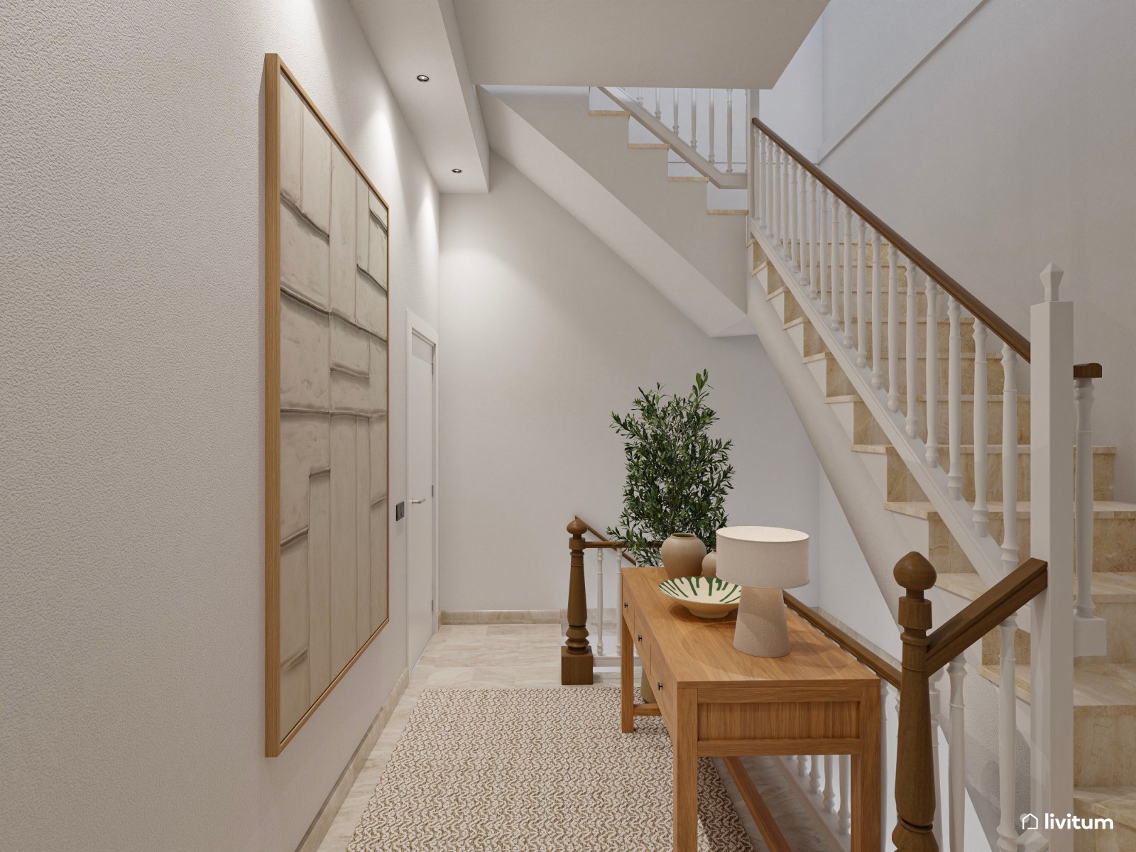 Recibidor acogedor de estilo minimalista situado entre escaleras