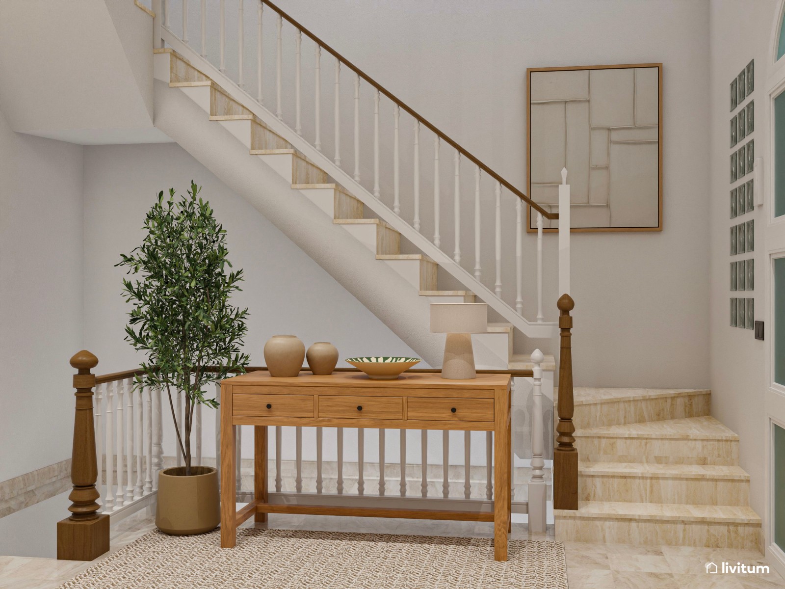 Recibidor acogedor de estilo minimalista situado entre escaleras