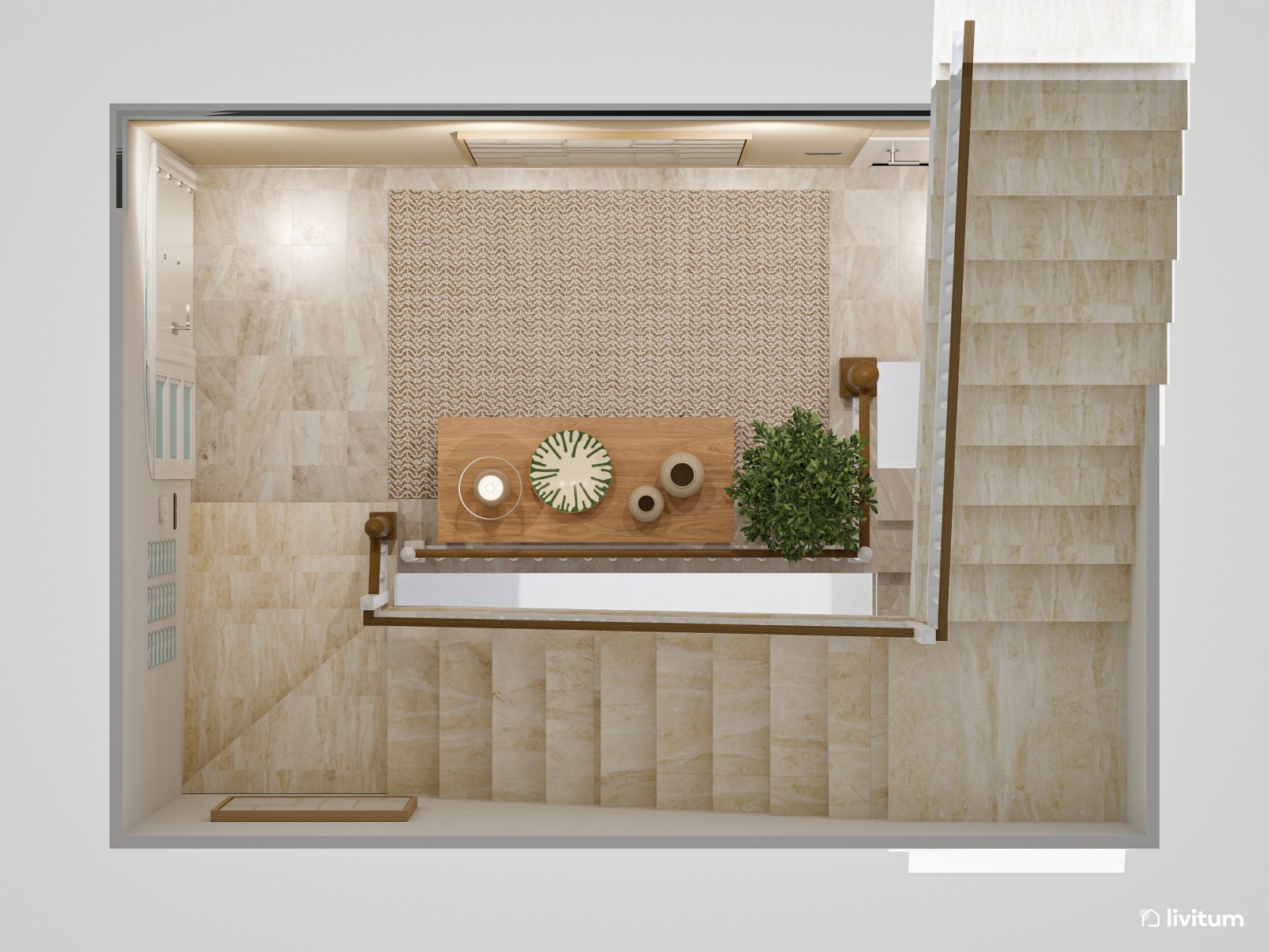 Recibidor acogedor de estilo minimalista situado entre escaleras