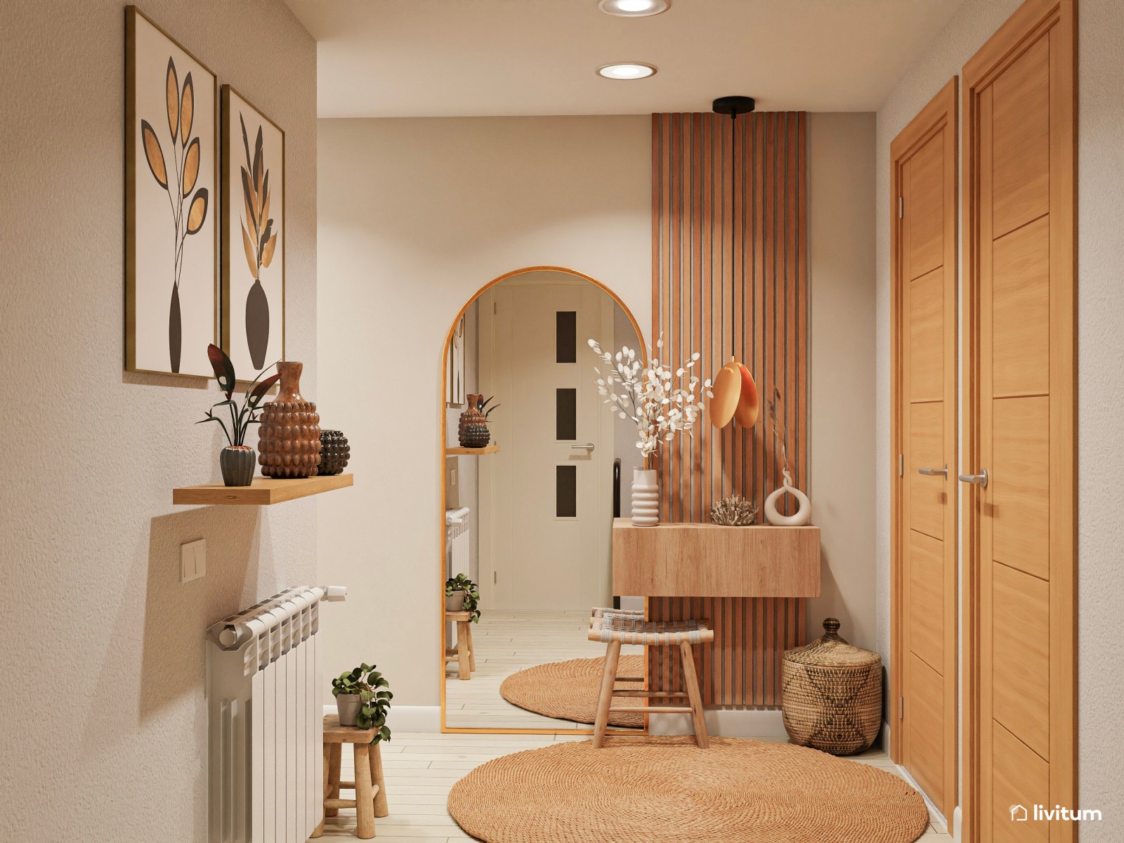 Recibidor acogedor decorado con madera y tonos tierra