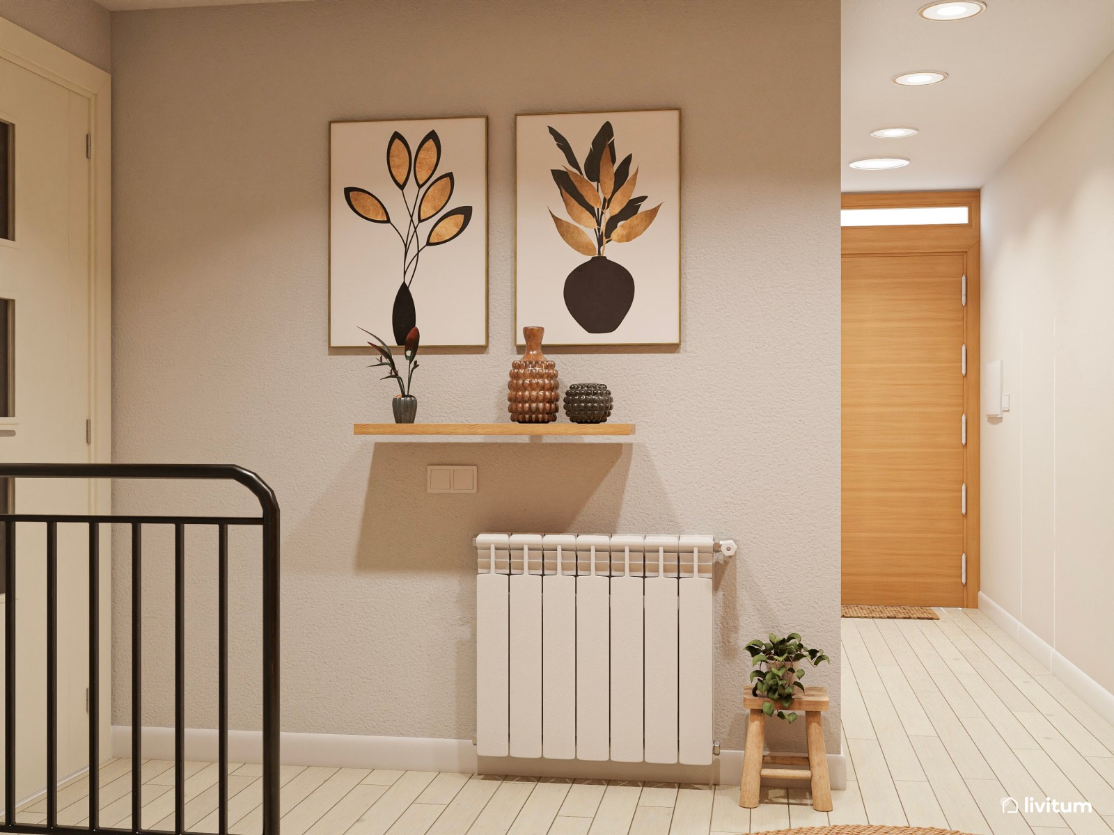 Recibidor acogedor decorado con madera y tonos tierra