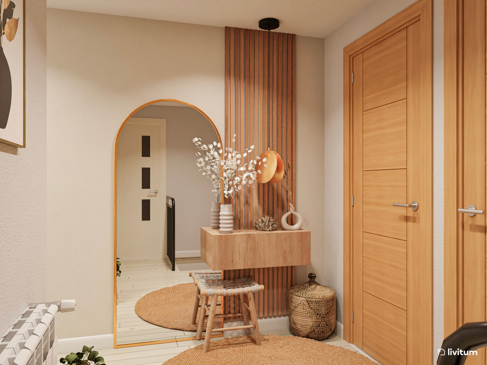 Recibidor acogedor decorado con madera y tonos tierra