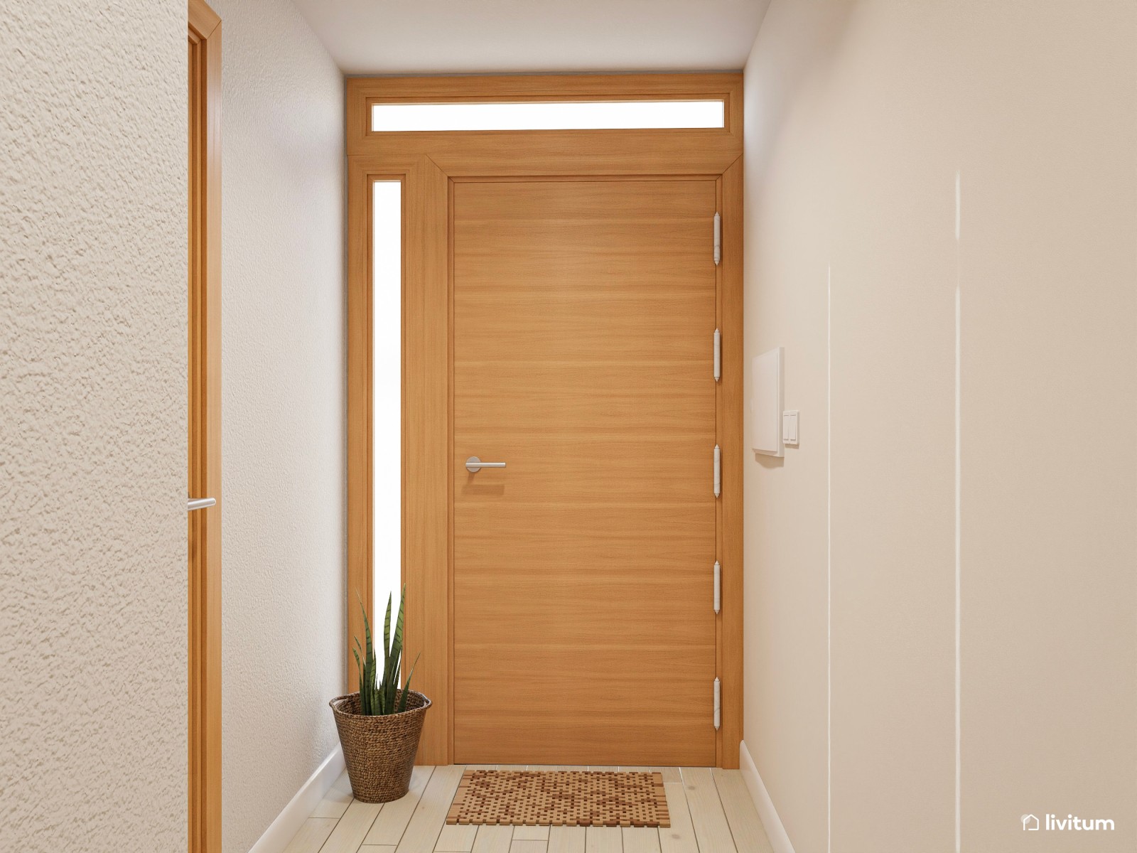 Recibidor acogedor decorado con madera y tonos tierra