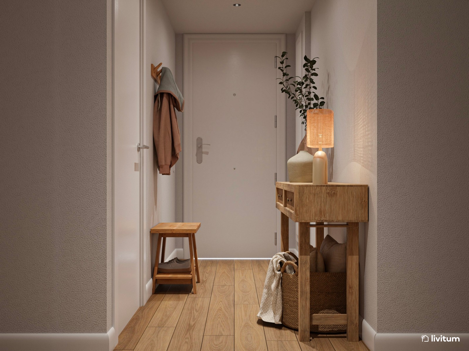  Recibidor acogedor diseñado en madera con consola de estilo rústico 