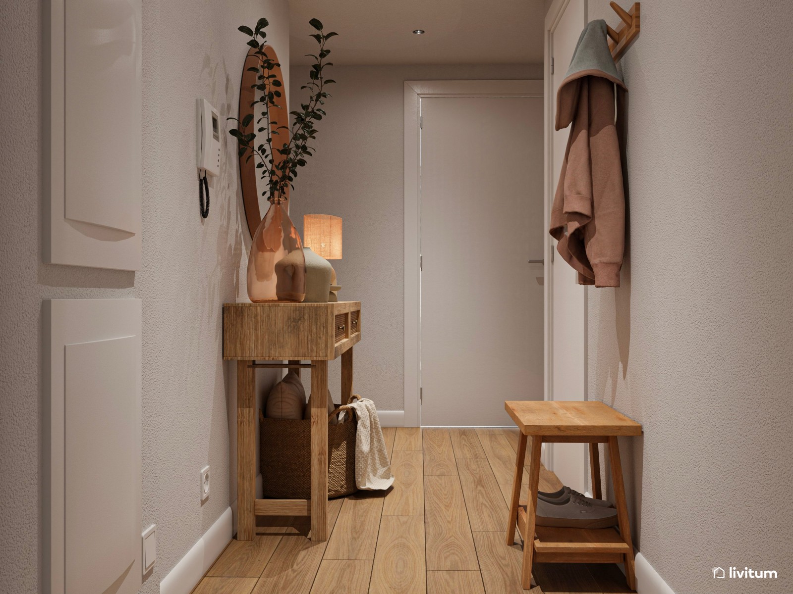  Recibidor acogedor diseñado en madera con consola de estilo rústico 