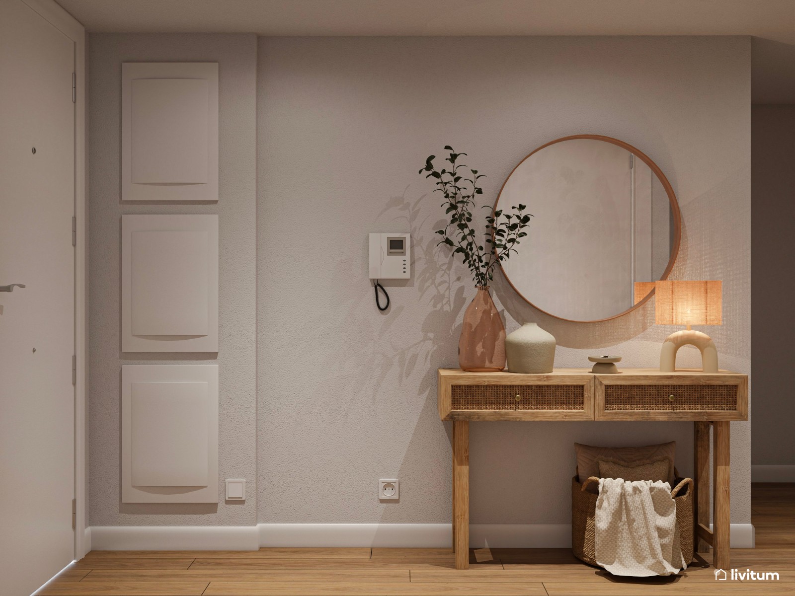  Recibidor acogedor diseñado en madera con consola de estilo rústico 