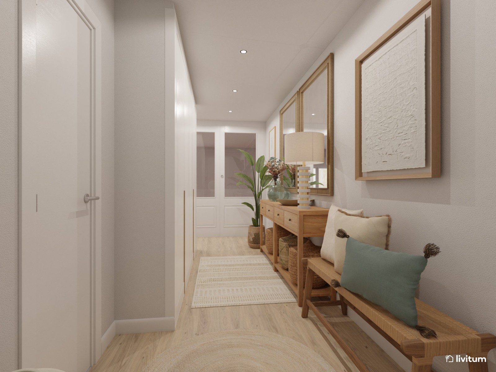 Recibidor con encanto decorado con fibras naturales y espejos 