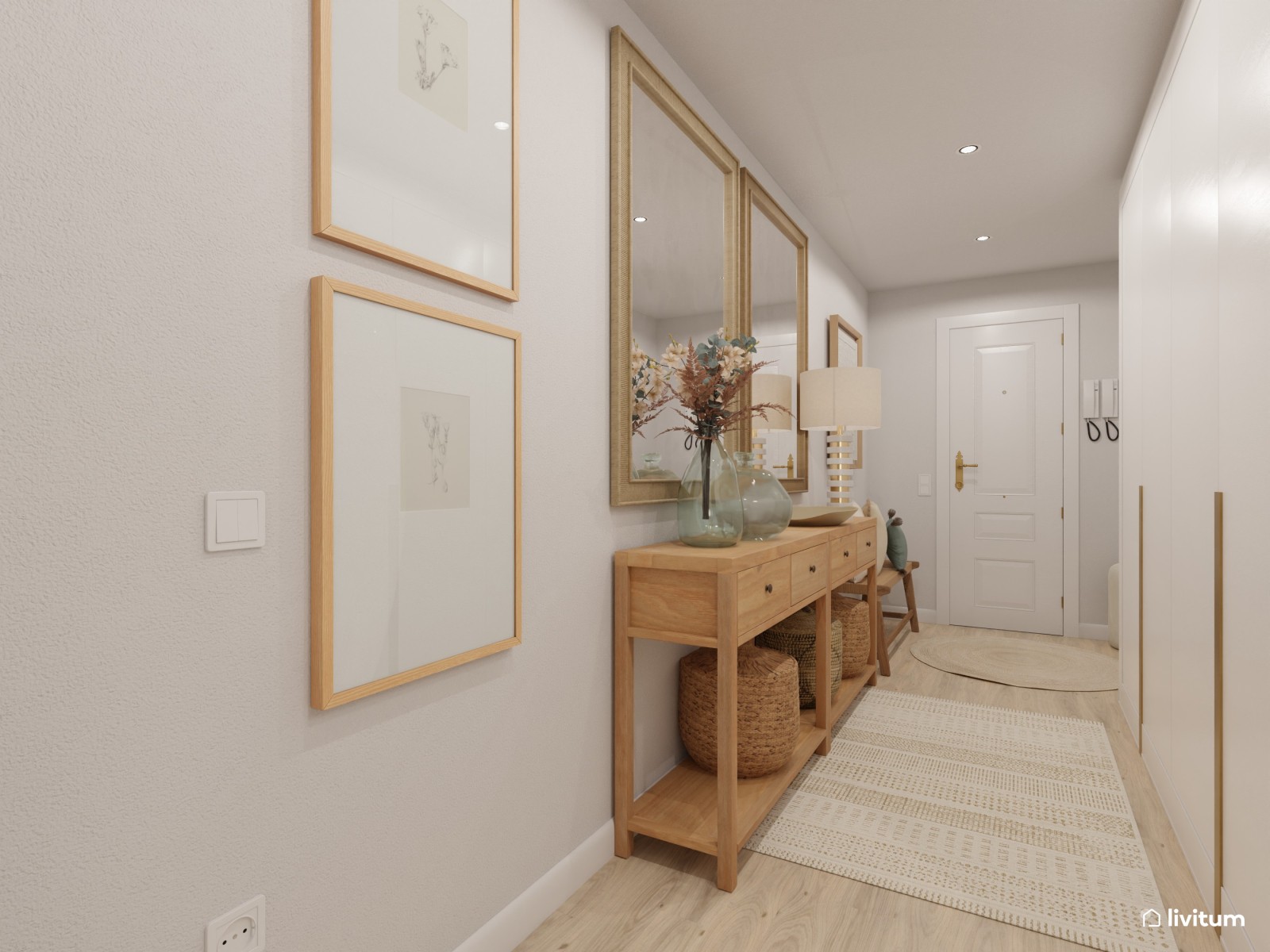 Recibidor con encanto decorado con fibras naturales y espejos 