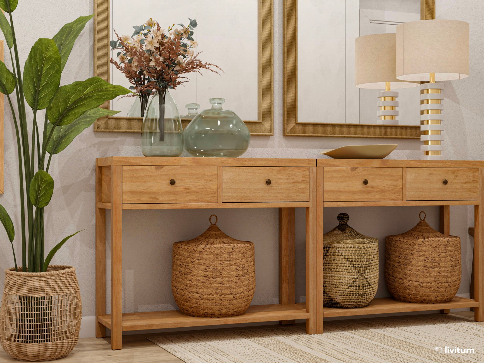 Recibidor con encanto decorado con fibras naturales y espejos 