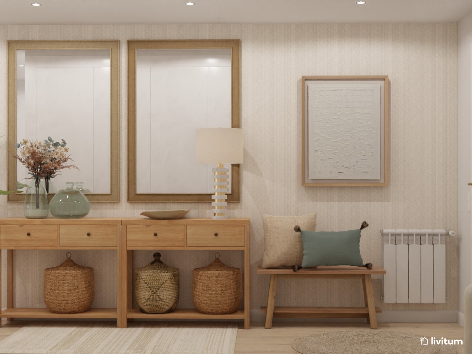 Recibidor con encanto decorado con fibras naturales y espejos 