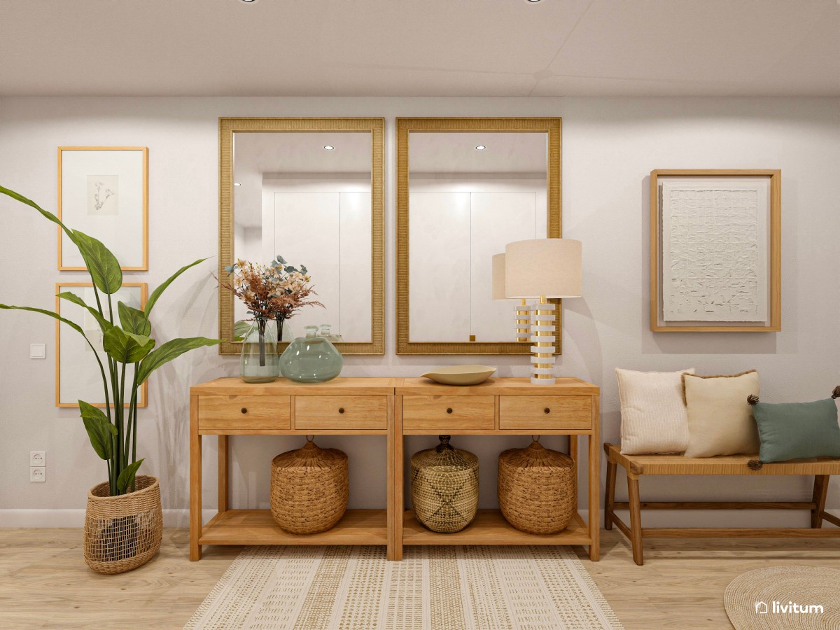 Recibidor con encanto decorado con fibras naturales y espejos