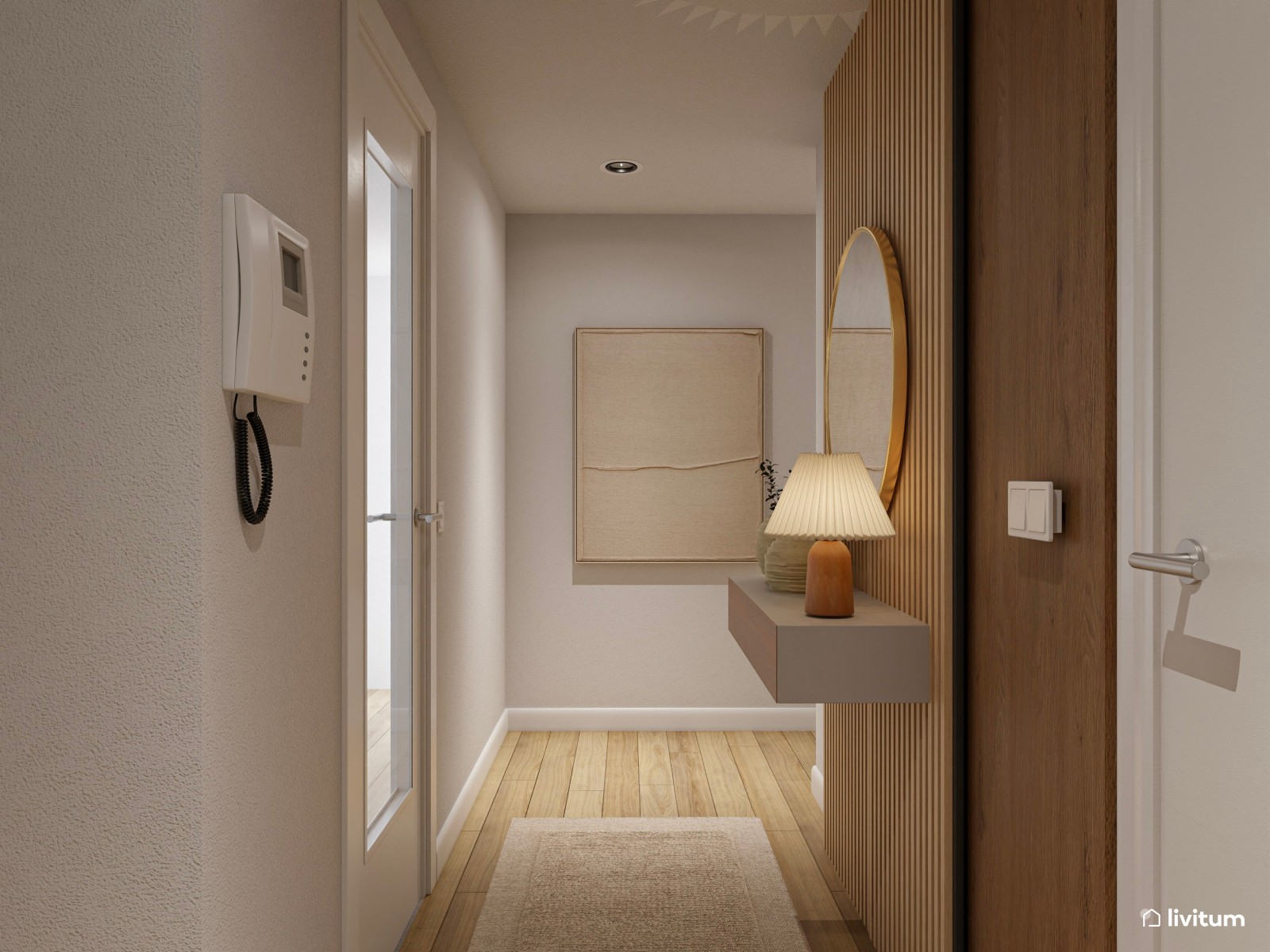 Recibidor con escalera, decorado con listones de madera
