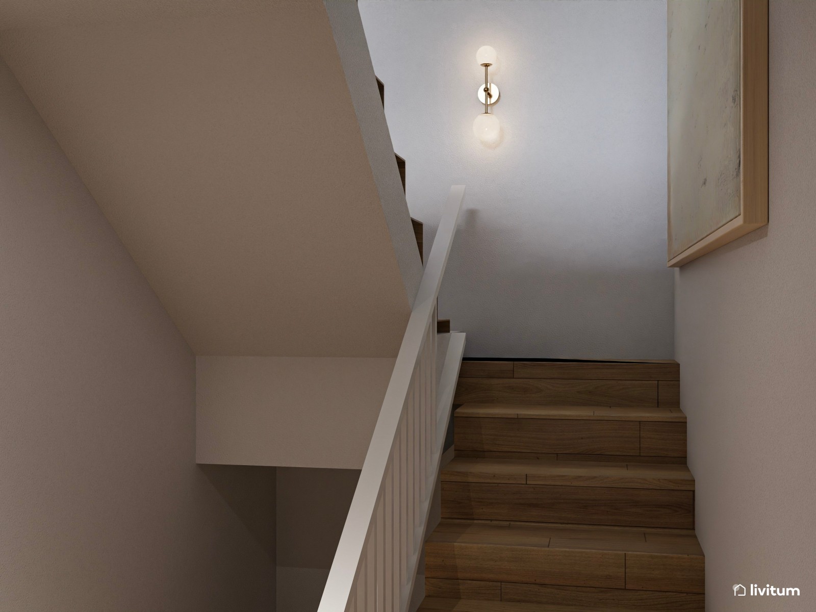Recibidor con escalera, decorado con listones de madera