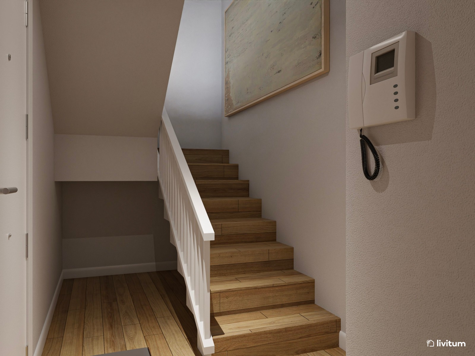 Recibidor con escalera, decorado con listones de madera