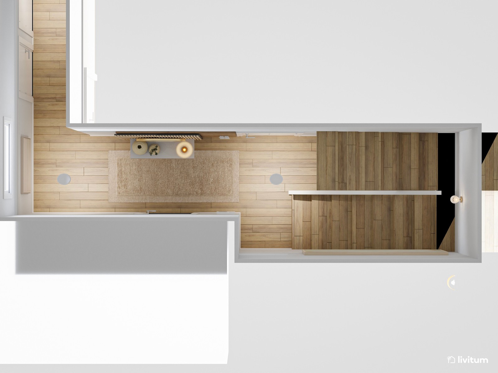 Recibidor con escalera, decorado con listones de madera