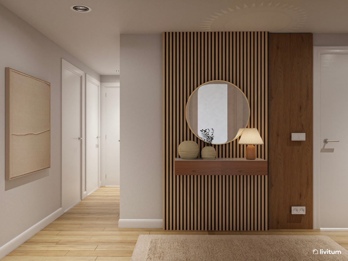 Recibidor con escalera, decorado con listones de madera