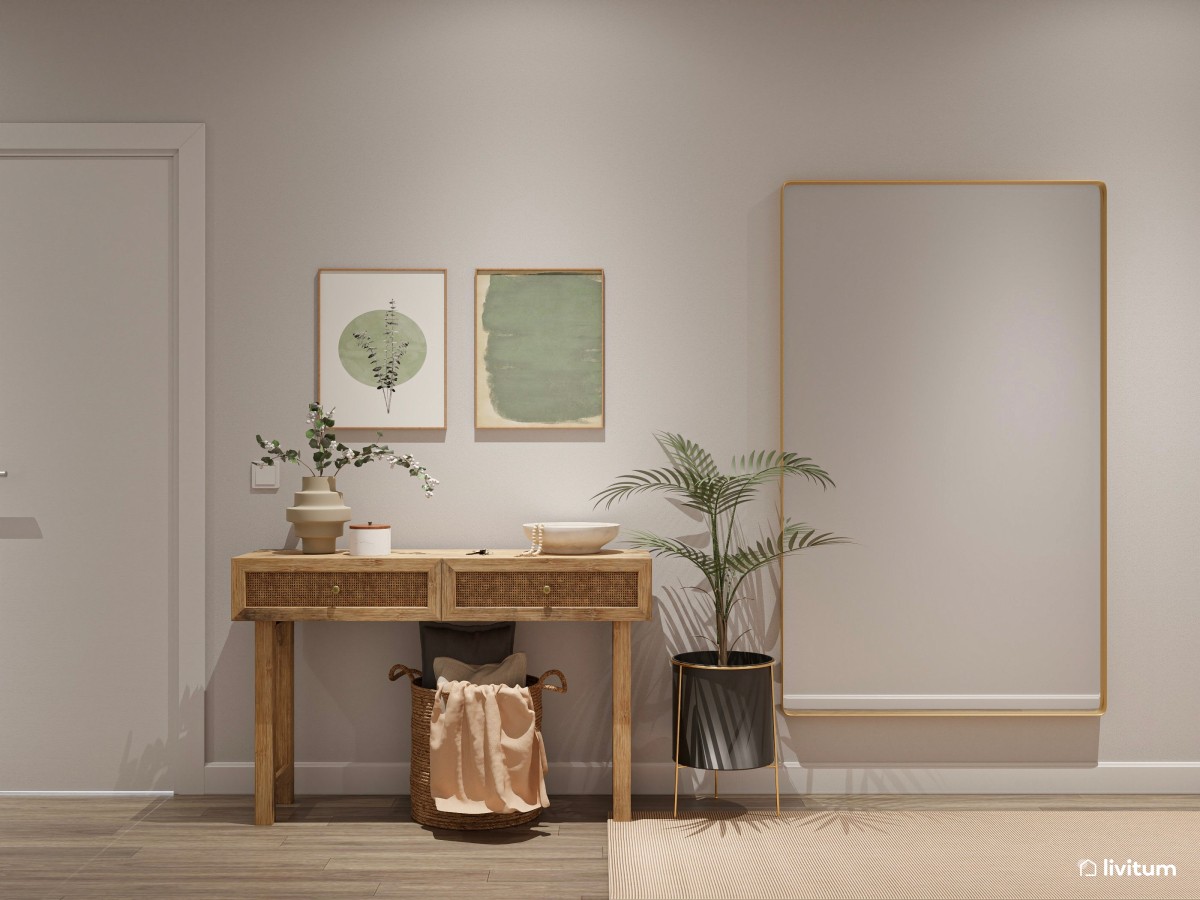 Recibidor con pasillo estrecho decorado en verde y madera