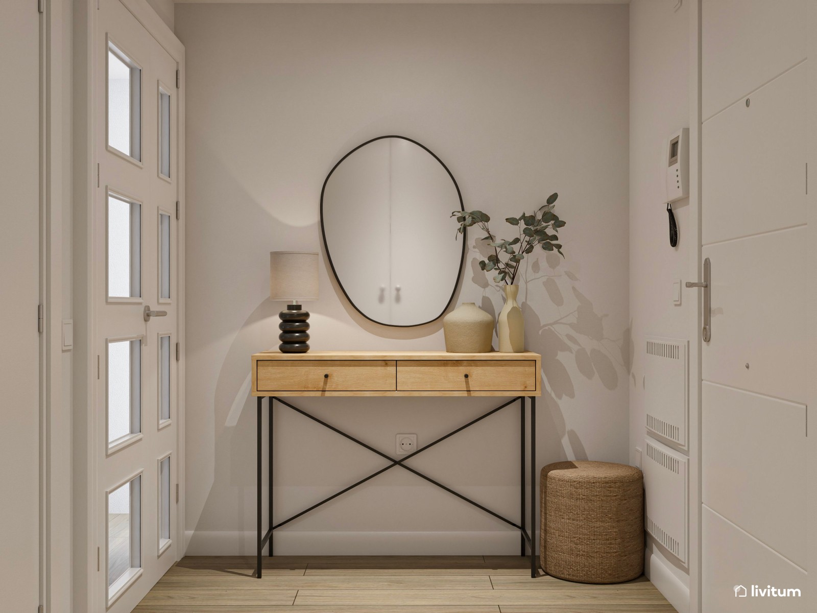 Recibidor de estilo industrial, sencillo pero muy práctico