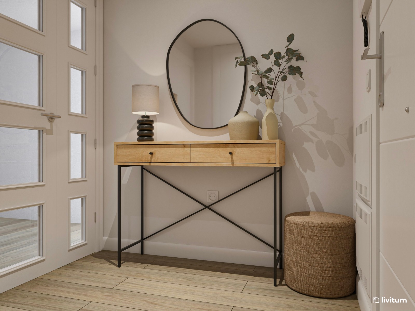 Recibidor de estilo industrial, sencillo pero muy práctico