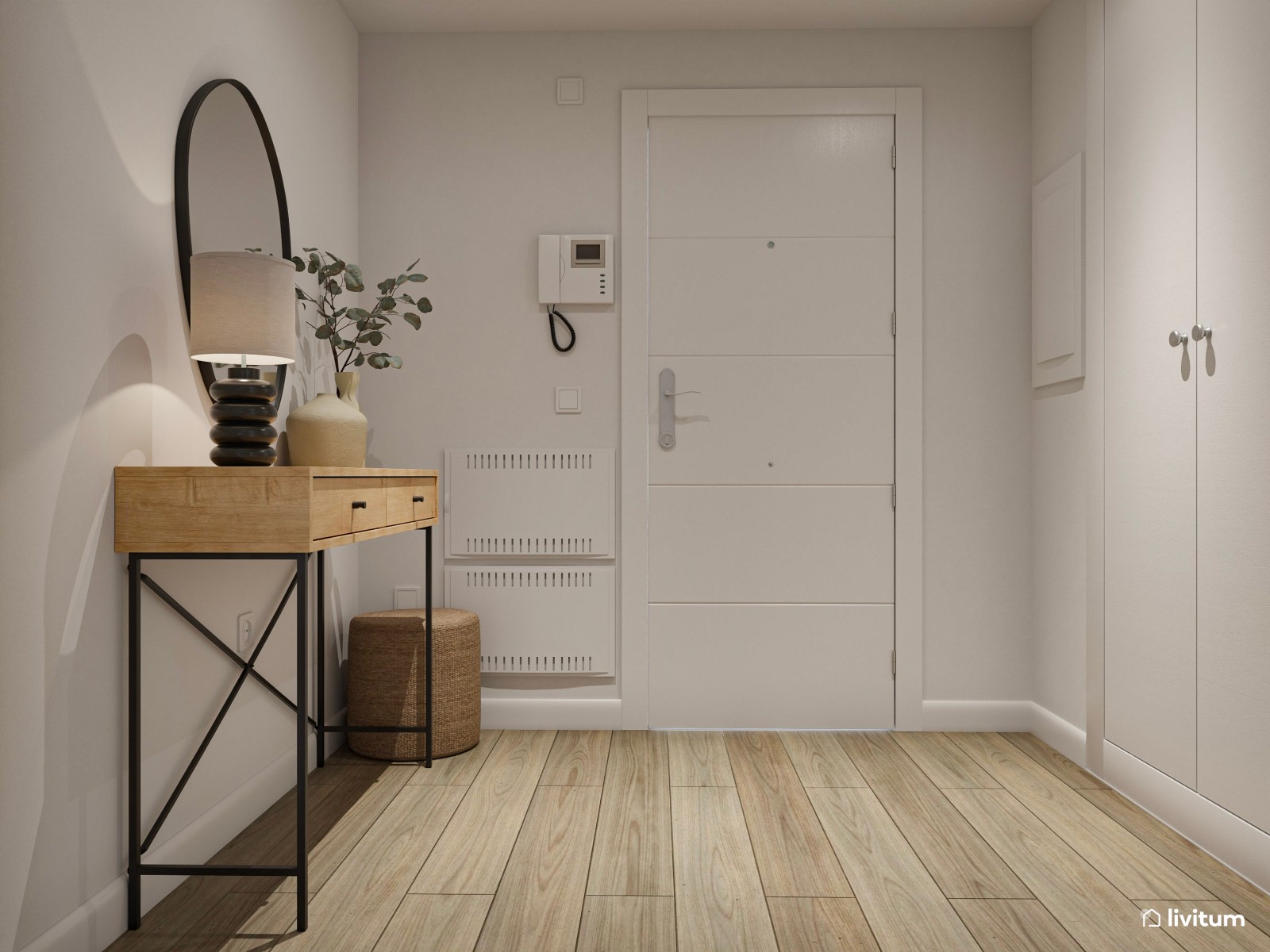 Recibidor de estilo industrial, sencillo pero muy práctico