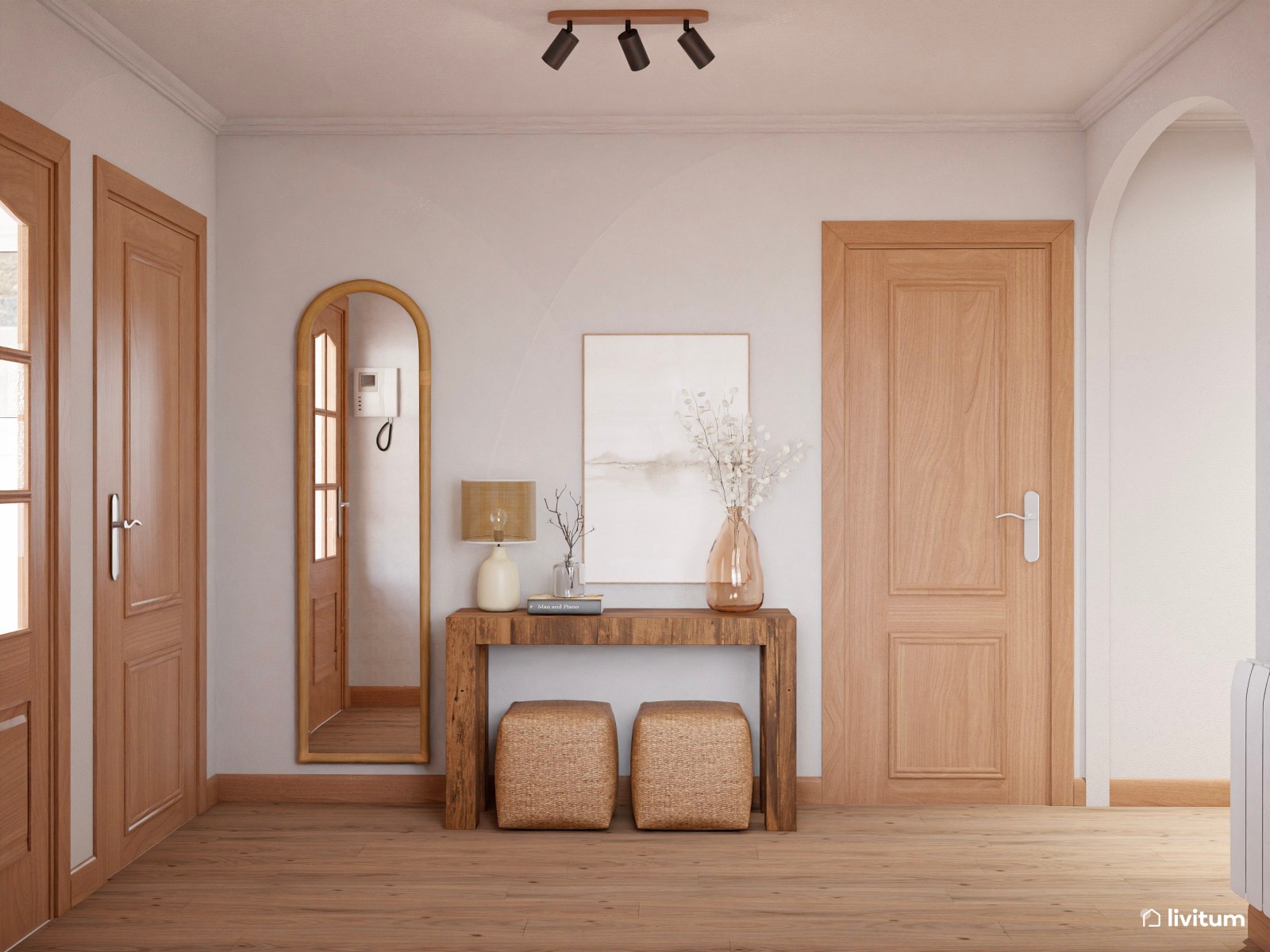 Recibidor de estilo nórdico con mucha madera y fibras naturales